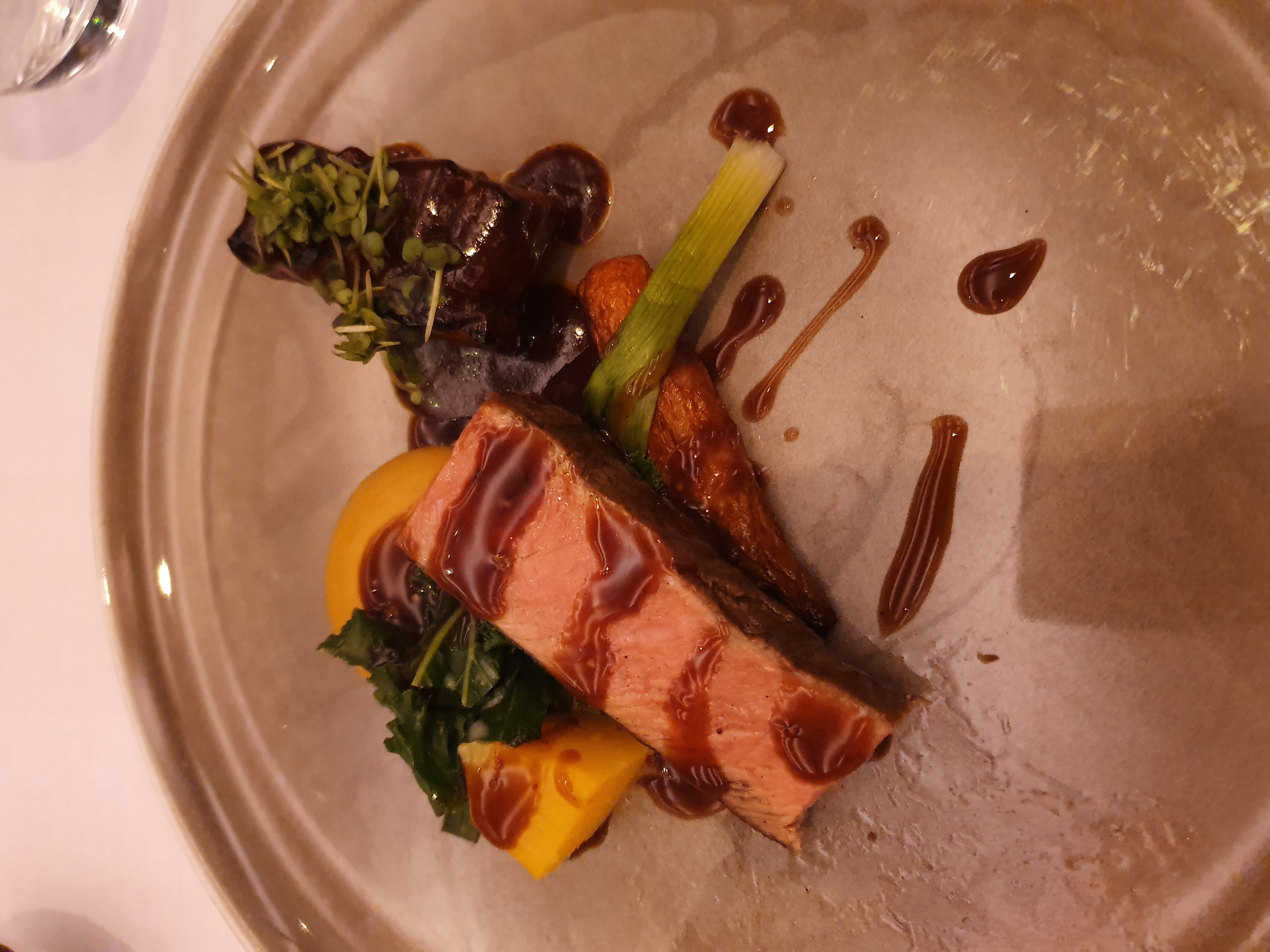 picture of main meal from the Lava restaurant - meat, potato and vegetable puree.